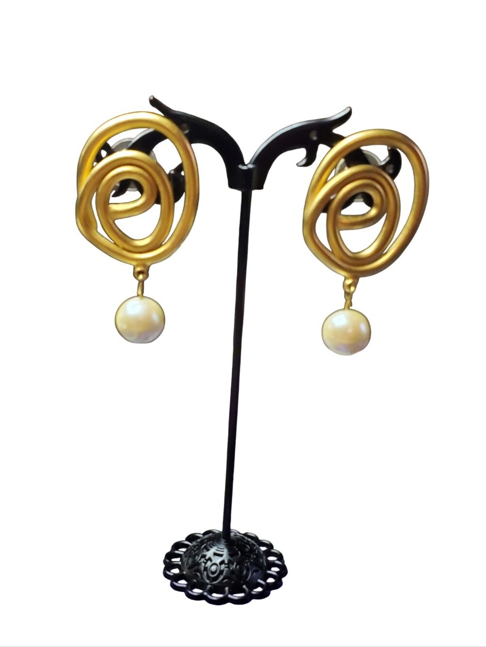 Vtg. Spiral Faux Pearls Drop Post Earrings Unsigned